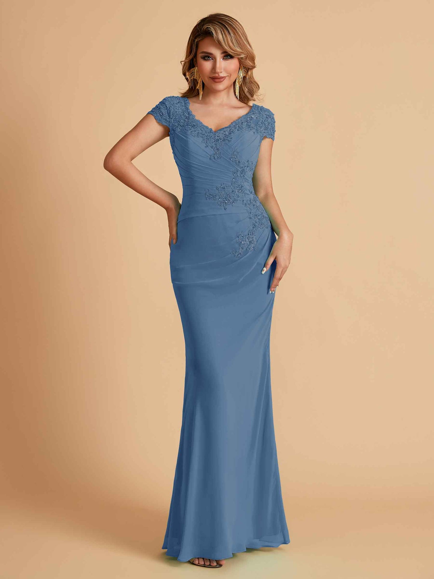 Elegant Mermaid Chiffon Cap Sleeves V-Neck Mother of the Brides Dresses Online