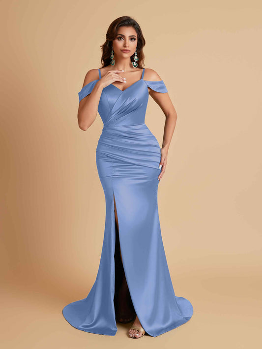 Sexy Soft Satin Mermaid Off Shoulder Side Slit Floor-Length Mermaid Bridesmaid Dresses