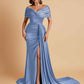 Elegant Soft Satin V-neck Off-the-Shoulder Side-Slit Mermaid Bridesmaid Dresses