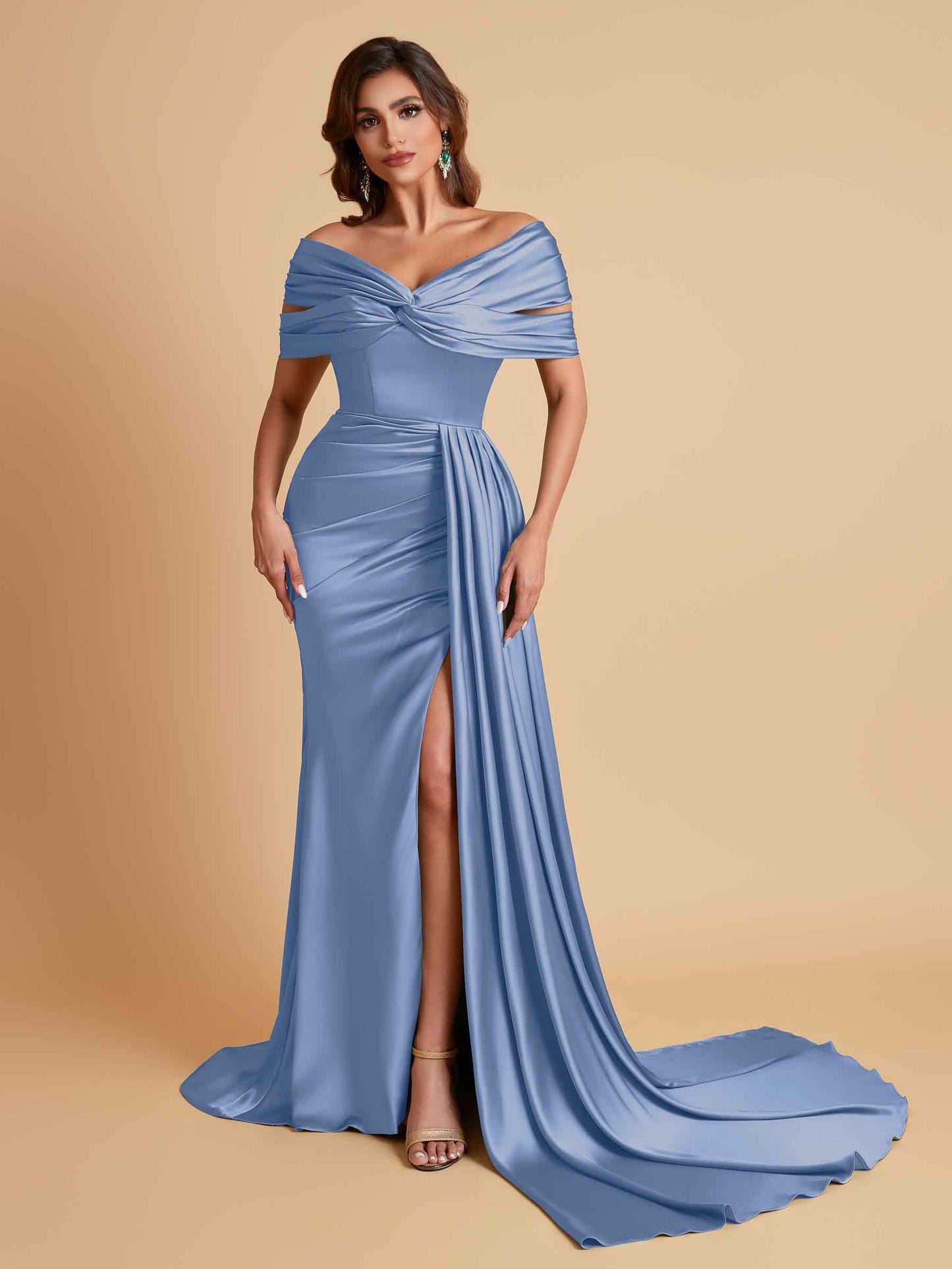 Elegant Soft Satin V-neck Off-the-Shoulder Side-Slit Mermaid Bridesmaid Dresses