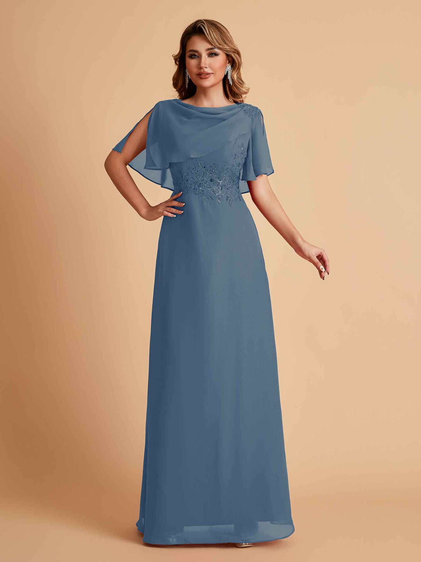 Elegant A-Line Chiffon Half Sleeves Jewel Mother of the Brides Dresses Online