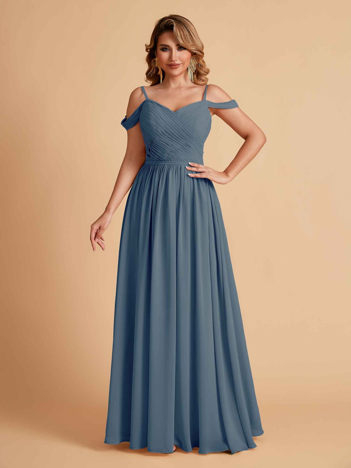Elegant A-line Chiffon Off The Shoulder V-Neck Bridesmaid Dresses Online