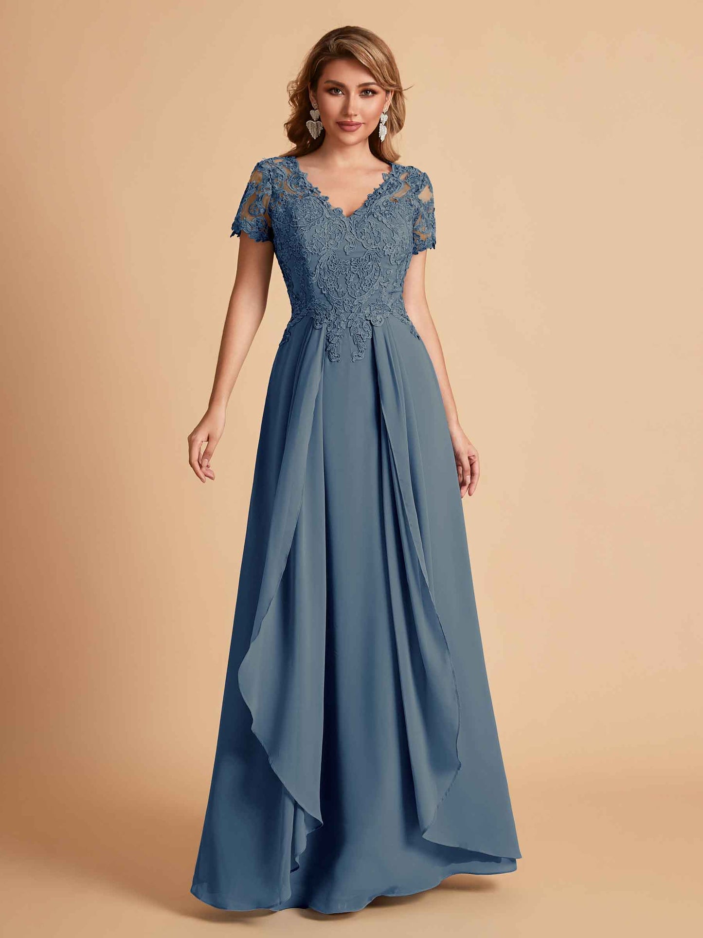 Elegant A-Line Chiffon Short Sleeves V-neck Mother of the Brides Dresses Lace Top MOB Dresses