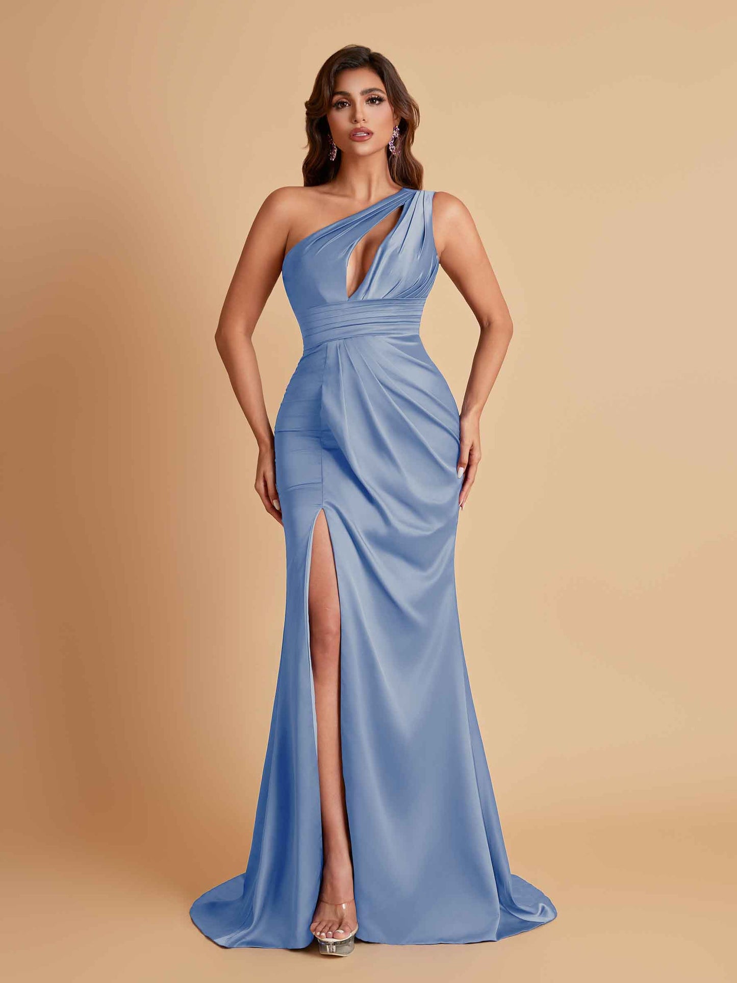 Sexy One Shoulder Soft Satin Side Slit Floor-Length Mermaid Bridesmaid Dresses