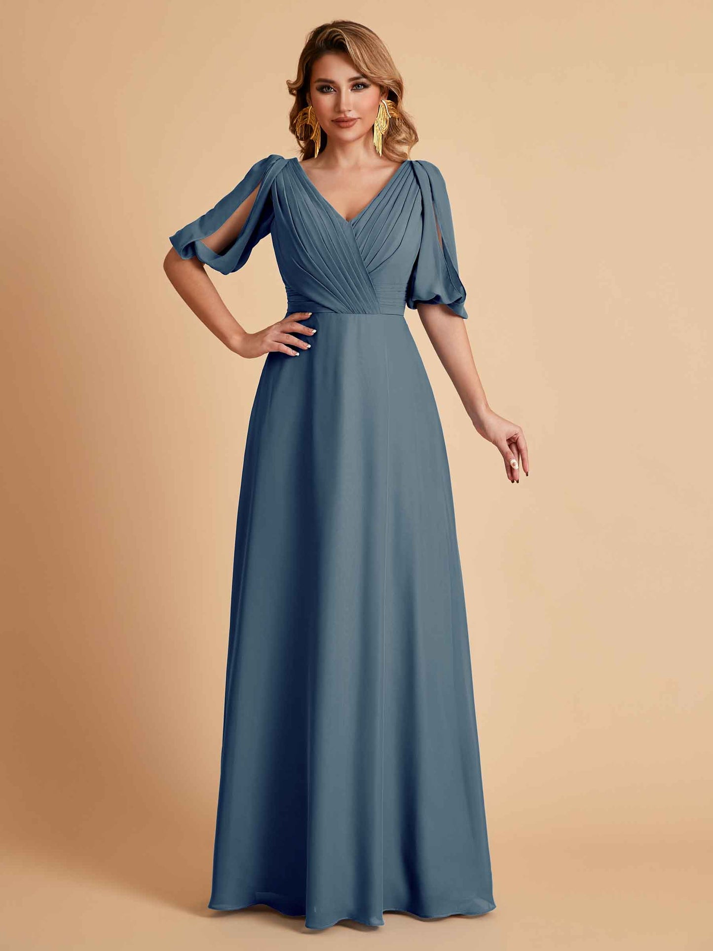 Elegant A-Line Chiffon Half Sleeves V-Neck Mother of the Brides Dresses Online