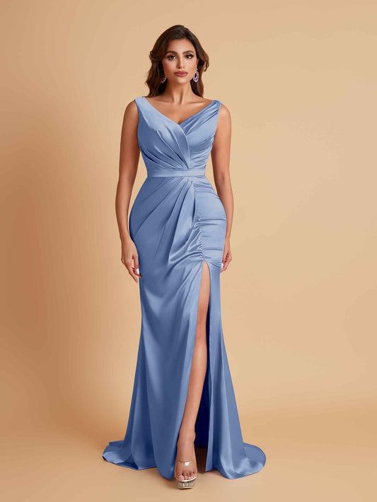 Elegant V Neck Soft Satin Side Slit Floor-Length Mermaid Bridesmaid Dresses