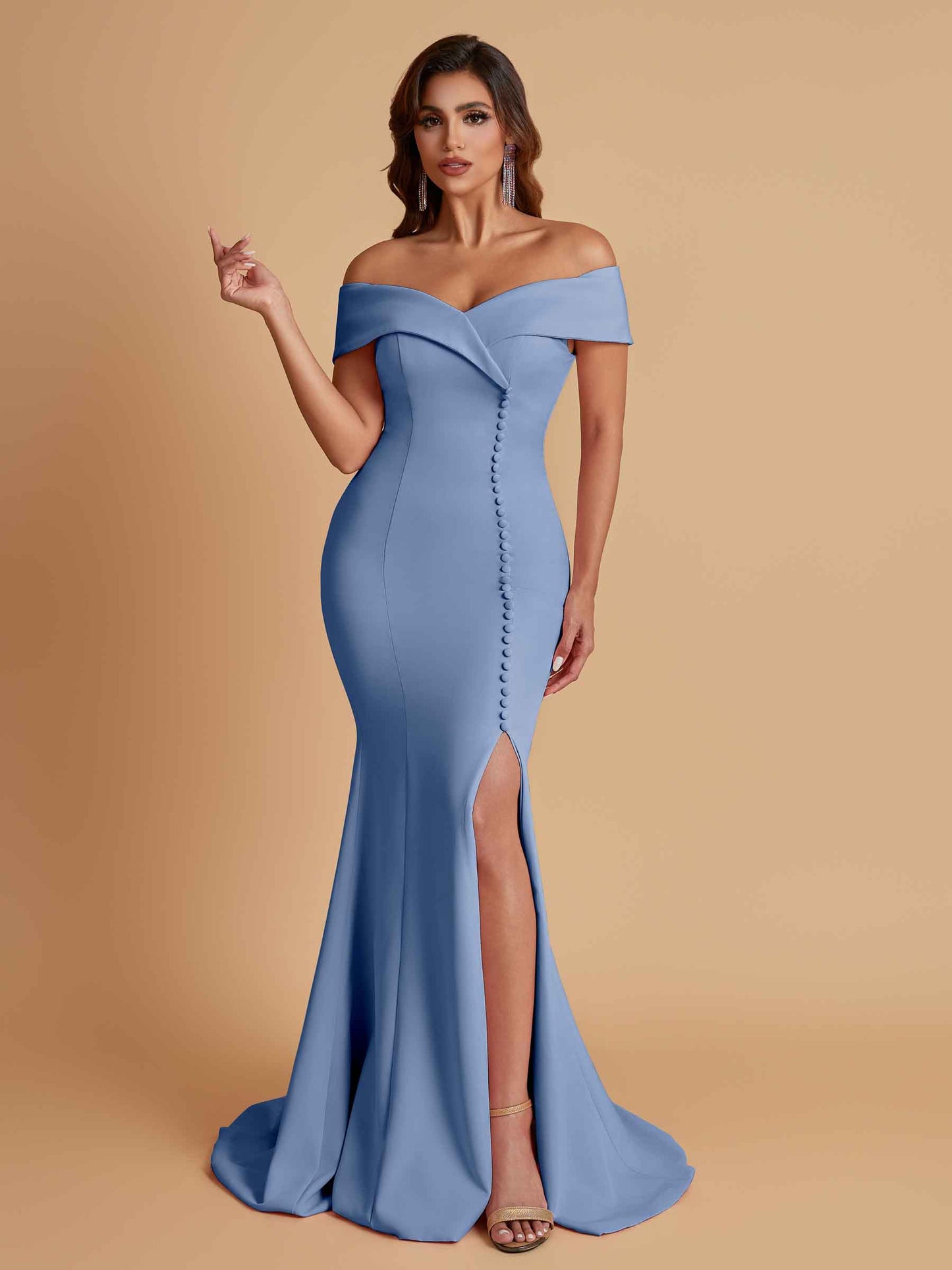 Elegant Soft Satin Mermaid Off Shoulder Side Slit Floor-Length Bridesmaid Dresses