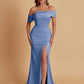 Elegant Soft Satin Mermaid Off Shoulder Asymmetrical Side Slit Floor-Length Bridesmaid Dresses