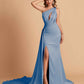 Sexy Satin Mermaid One Shoulder Side Slit Long Bridesmaid Dresses