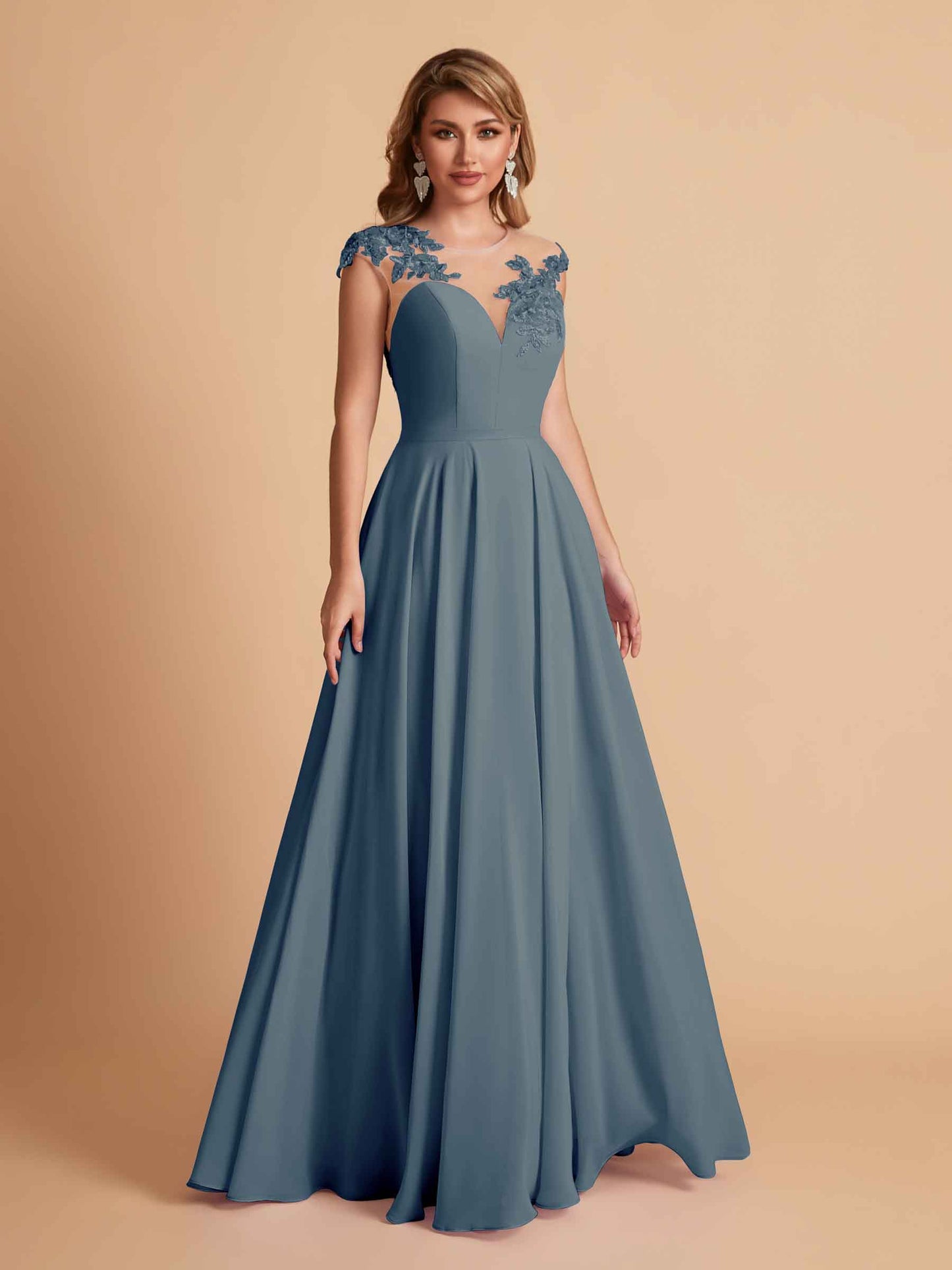 Chiffon Illusion Lace Top A-line Bridesmaid Dresses V-neck Floor Length Wedding Guest Dresses