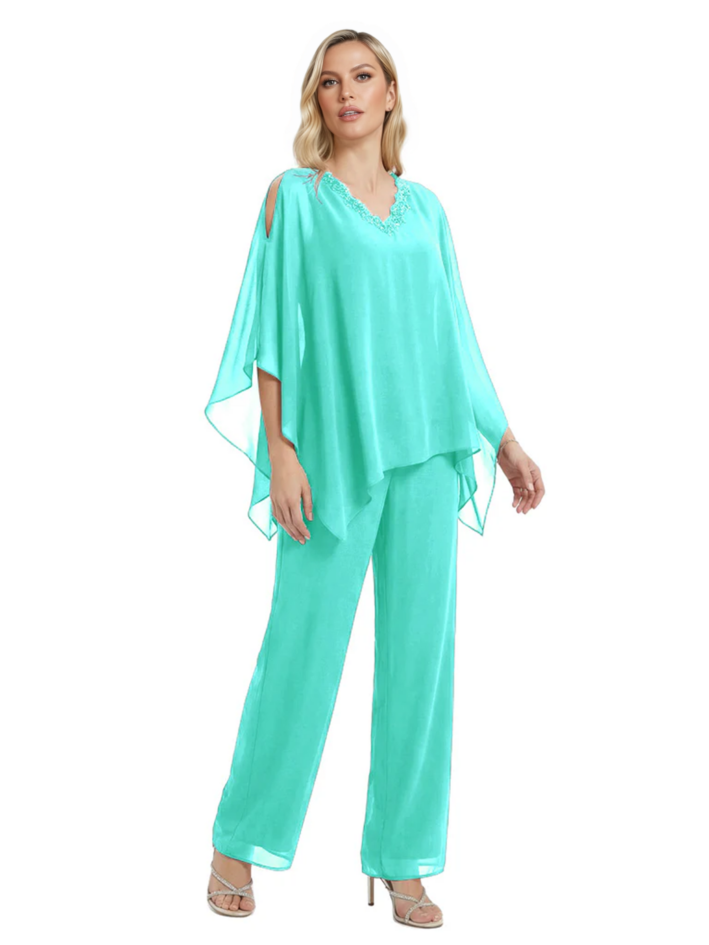 V-Neck Chiffon Mother of the Brides Dresses Plus Size Jacket Suits Wedding