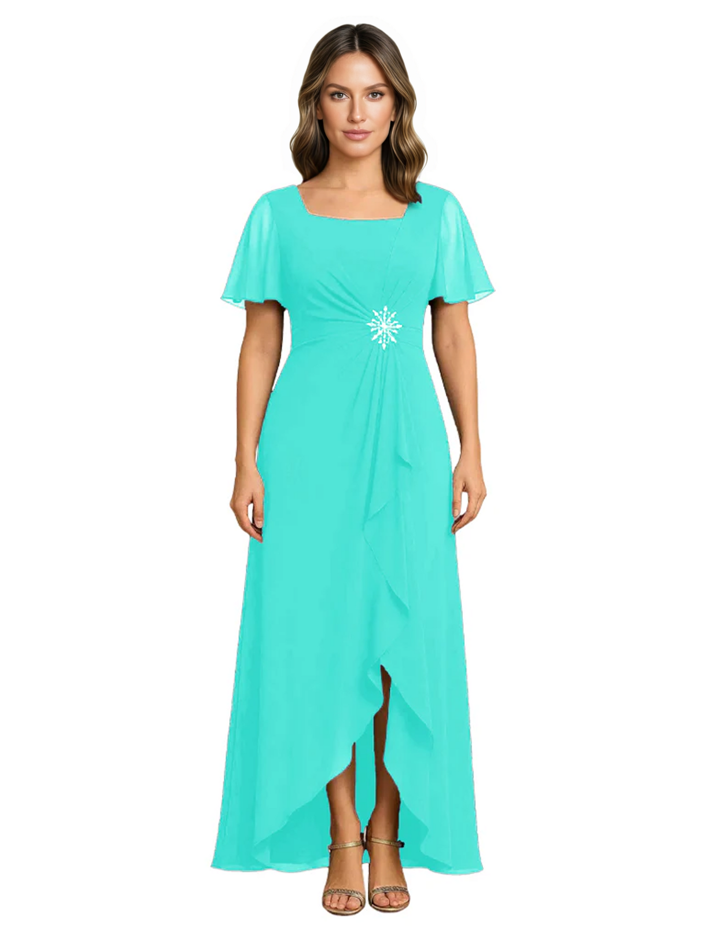 Formal High-Low Mother of the Bride Gown Sleeved Chiffon Maxi Dress Ruched Waist