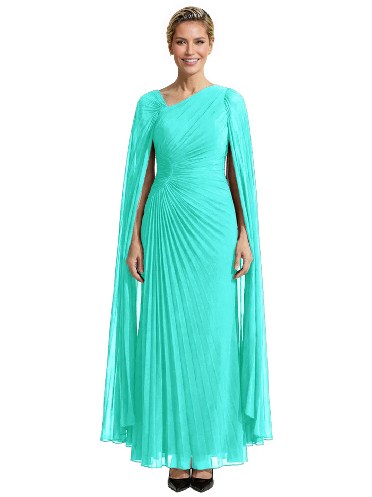 Elegant Asymmetric Neck Long A-Line Chiffon Mother of the Brides Dresses Mom Outfit with Cape