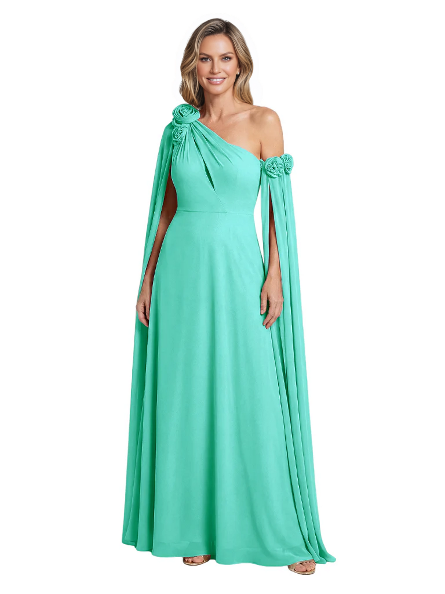 One Shoulder Mother of the Bride Dress Asymmetrical Cape Sleeve Gown with Floral