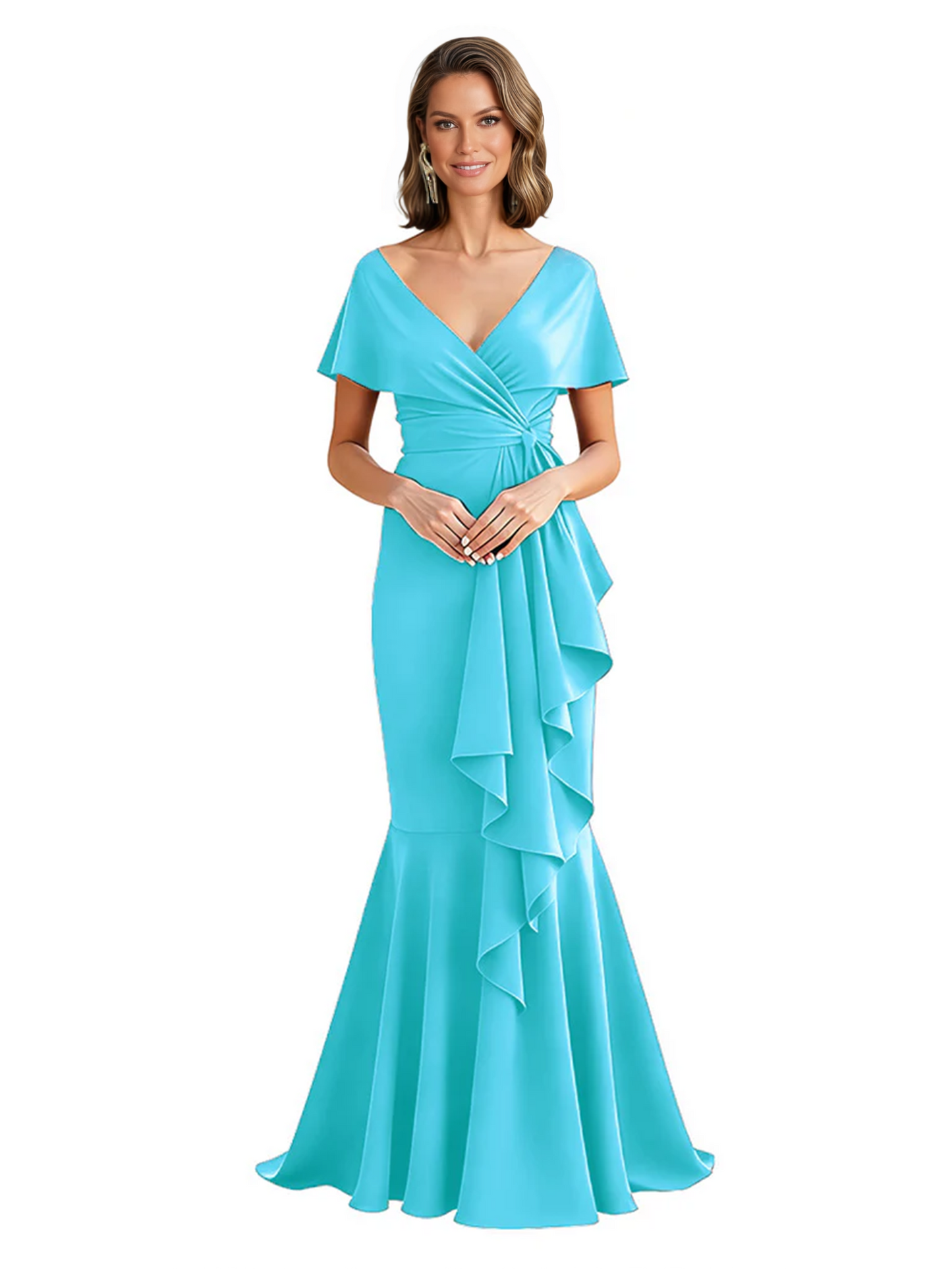 Satin Mother of the Bride Dress with Cascading Ruffles and Mermaid Tail V-Neck