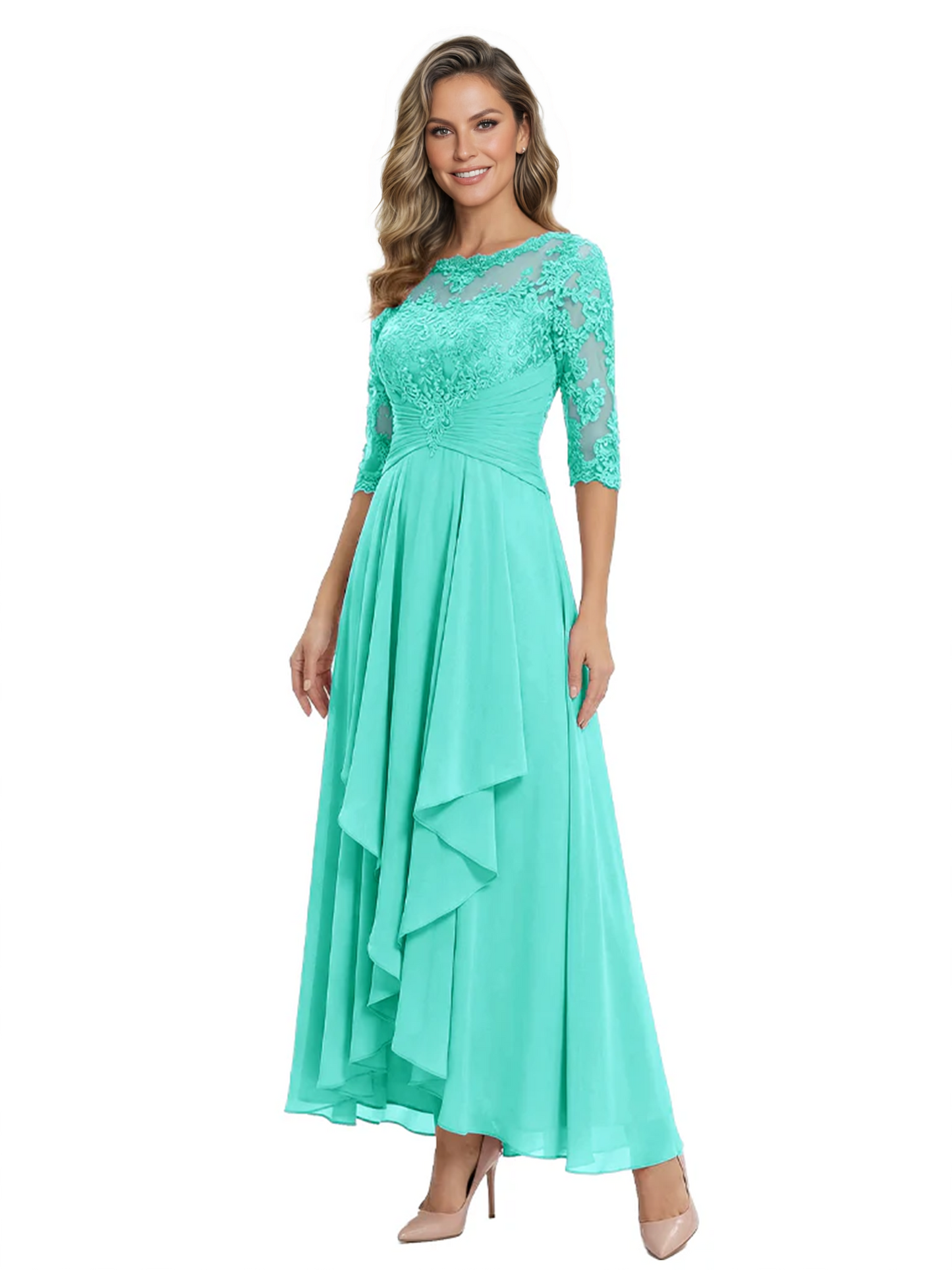 3/4 Sleeve Mother of the Bride Dress with Lace Embroidery High-Low Hem 2026