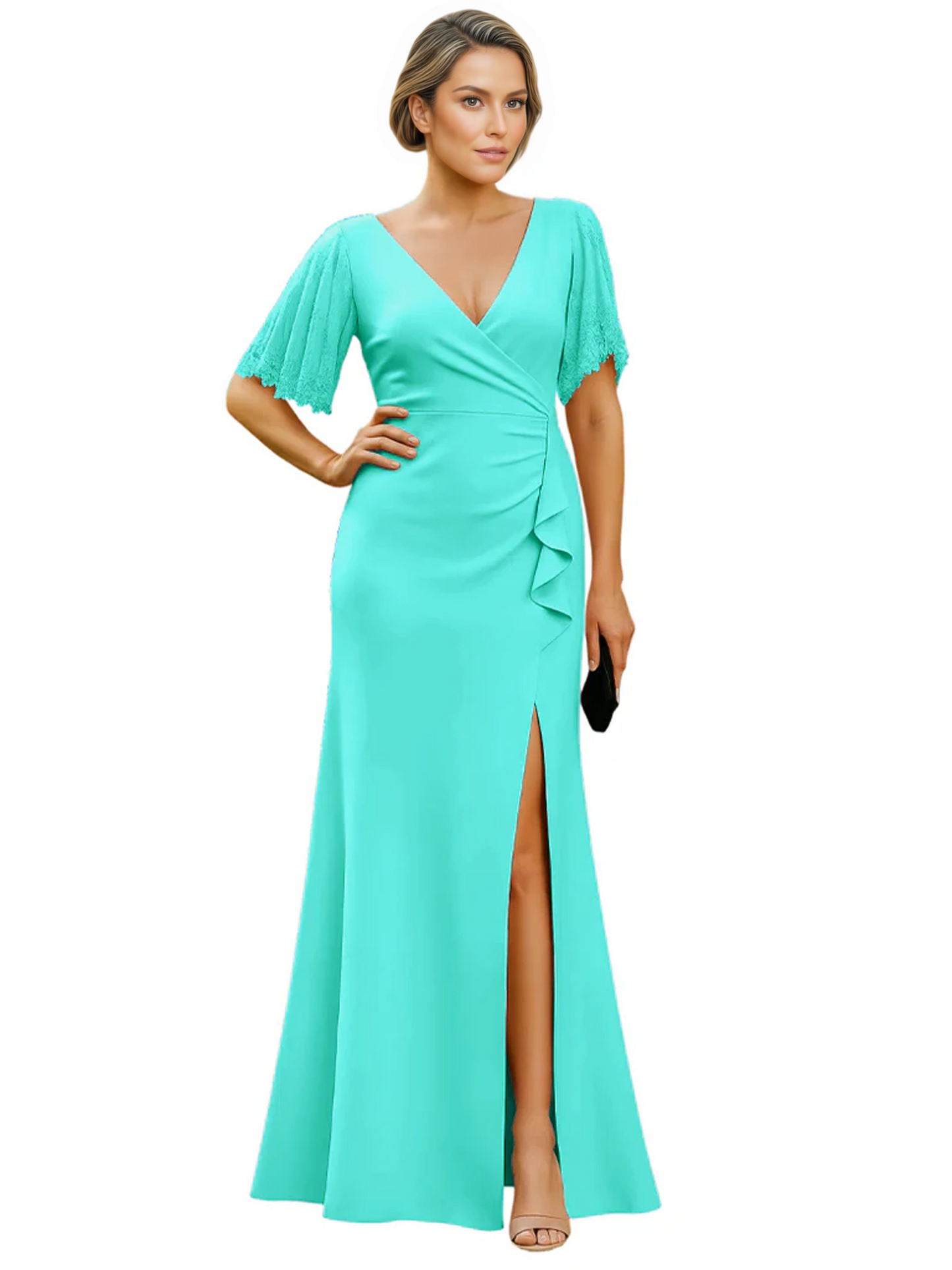Elegant Evening Gown Trending V-Neck & Ruffle Detail Mother of Bride Outfits Slit