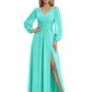 A-Line Mother of Bride Dress V-Neck Chiffon Gown Long Sleeves Slit Formal Dress