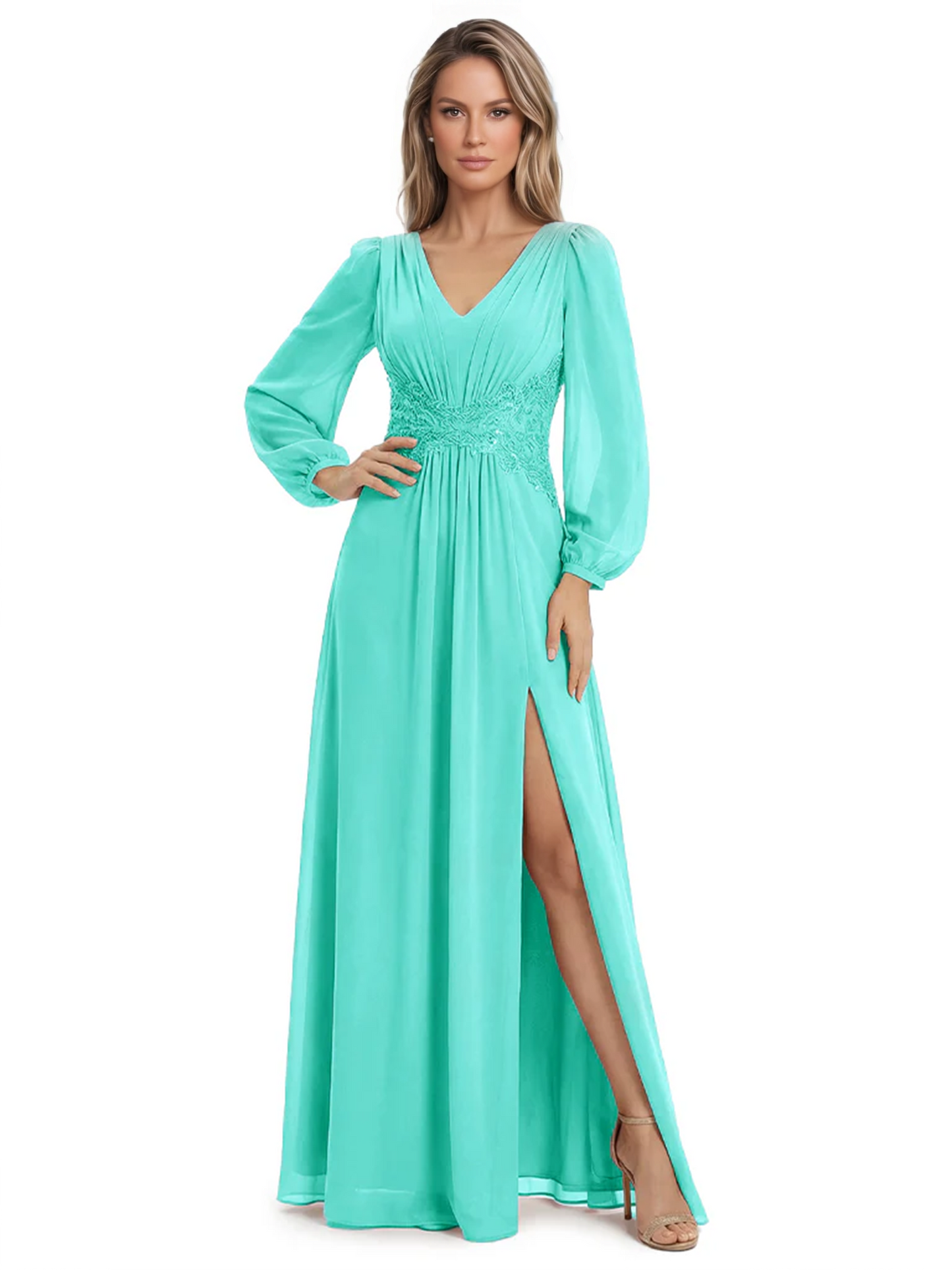 A-Line Mother of Bride Dress V-Neck Chiffon Gown Long Sleeves Slit Formal Dress