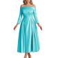Off Shoulder Mother of the Bride Dress Tea-Length Satin Gown with Lace Applique
