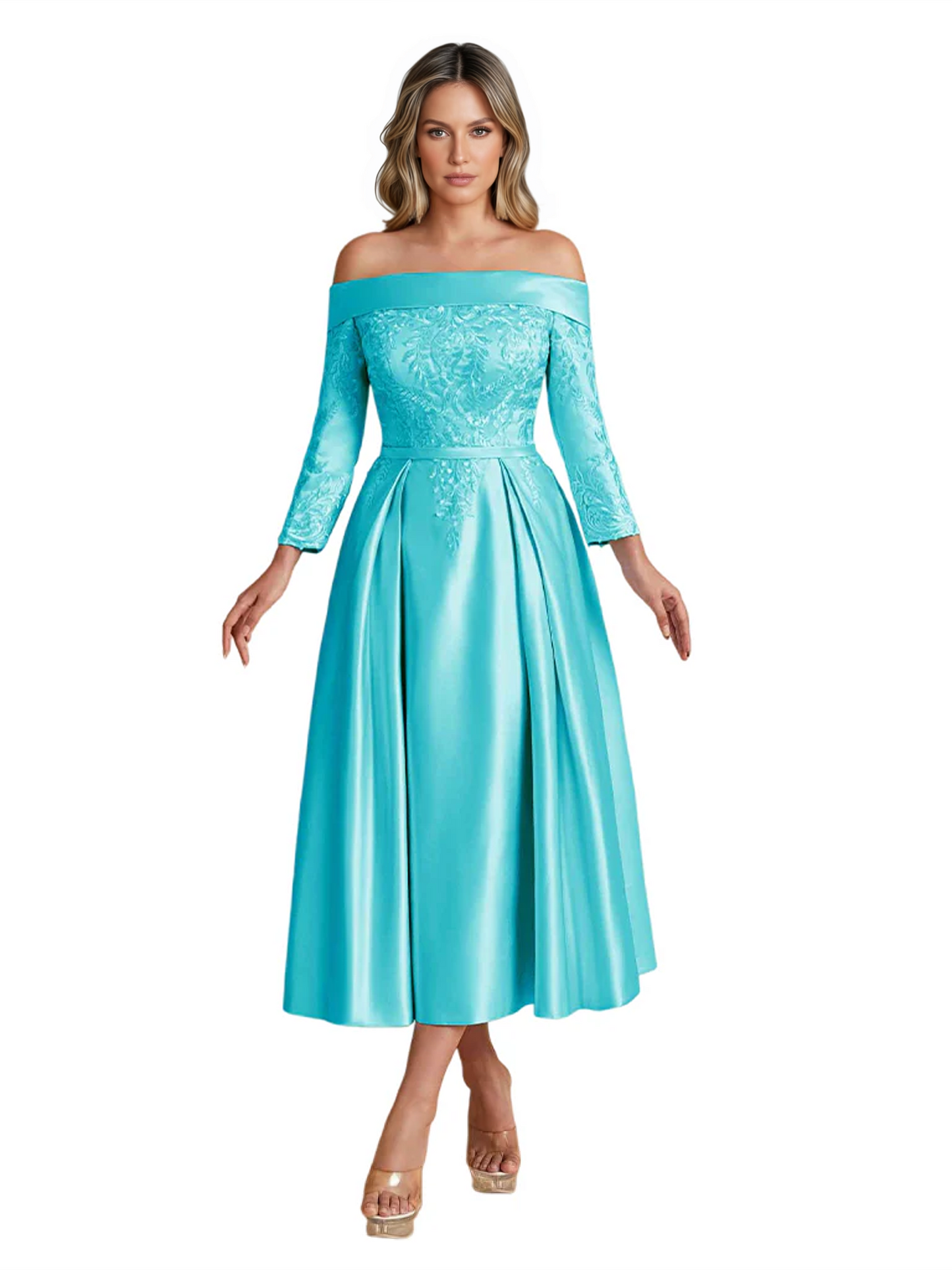 Off Shoulder Mother of the Bride Dress Tea-Length Satin Gown with Lace Applique