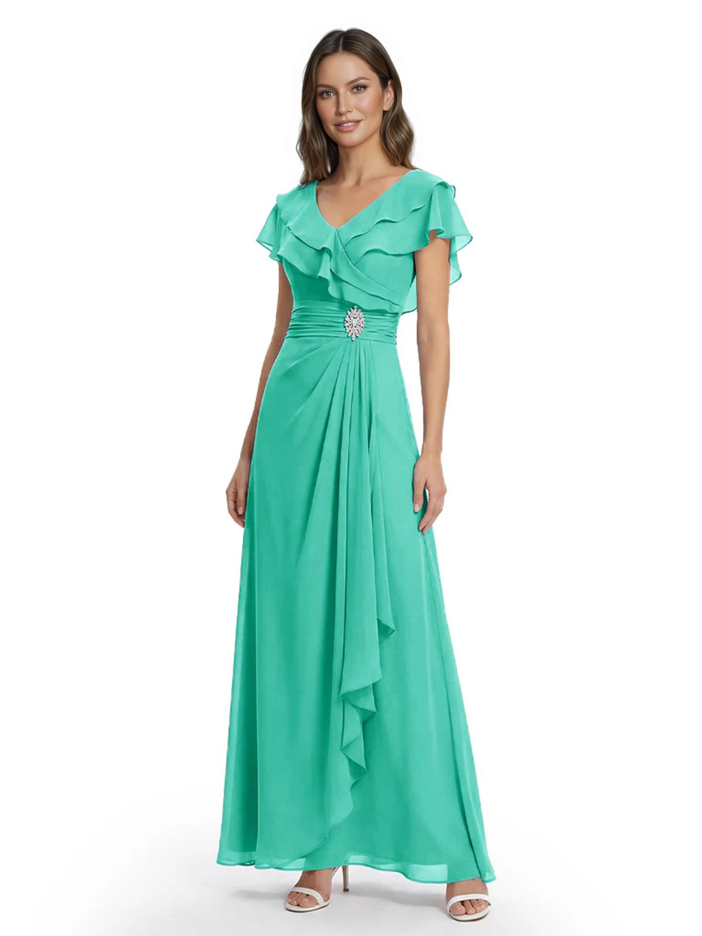 Elegant Mother of the Groom Dress Cascading Ruffle Chiffon Formal Gown Rhinestone