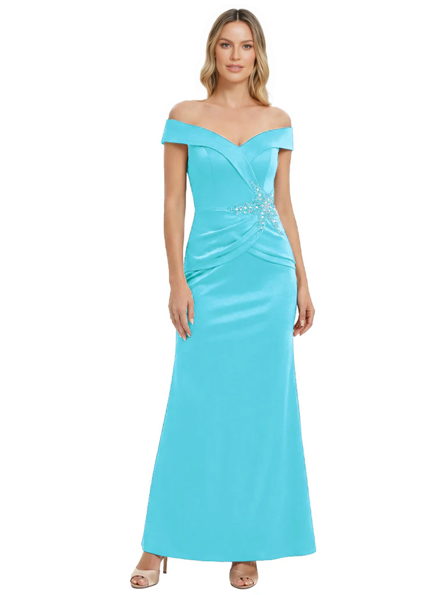 Off Shoulder Mother of the Bride Dress Beaded Waist Satin Gown Portrait Neckline