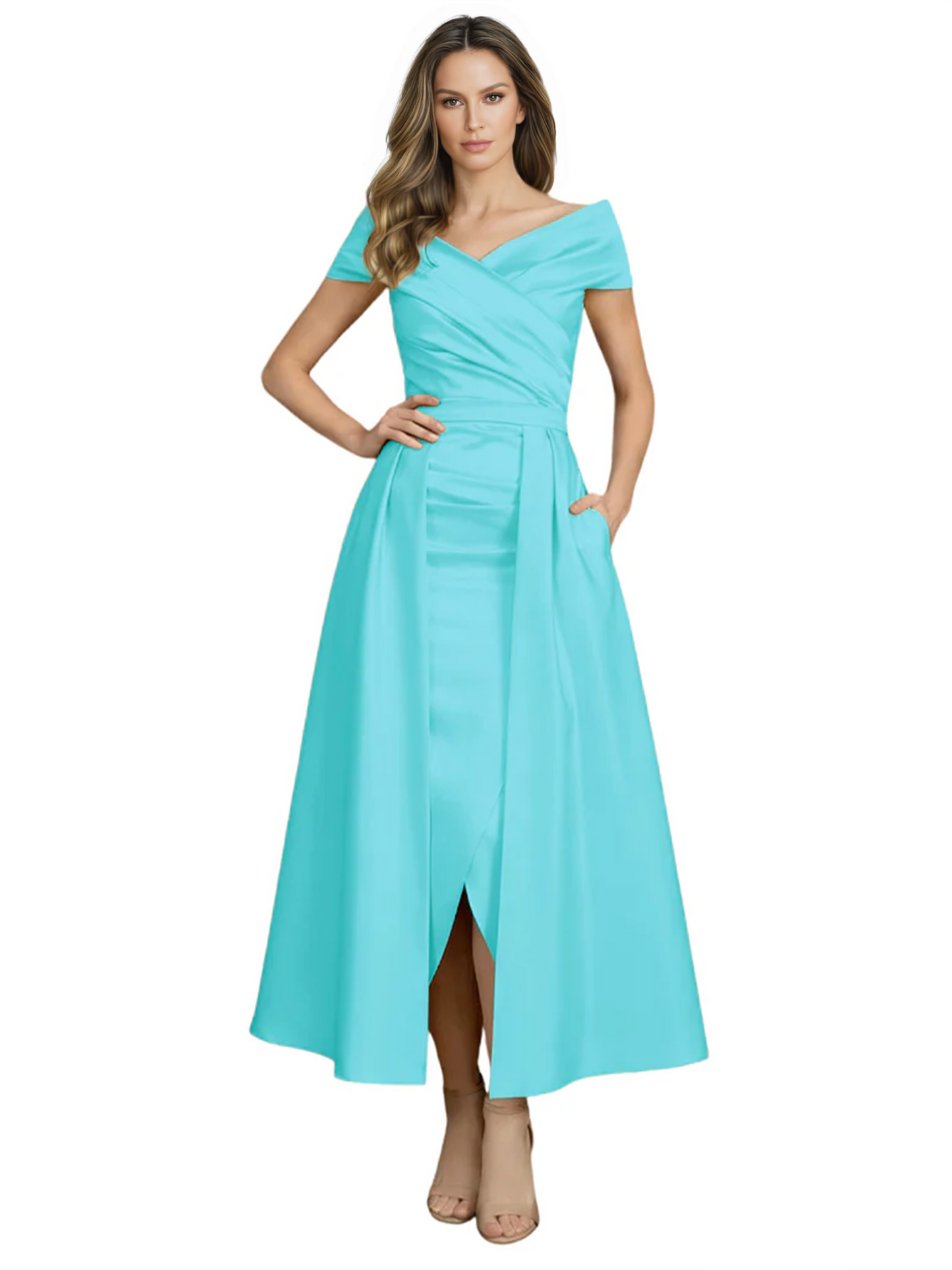 Formal Floor-Length Mother of the Bride Gown Satin Maxi Dress with Slit Off Shoulder
