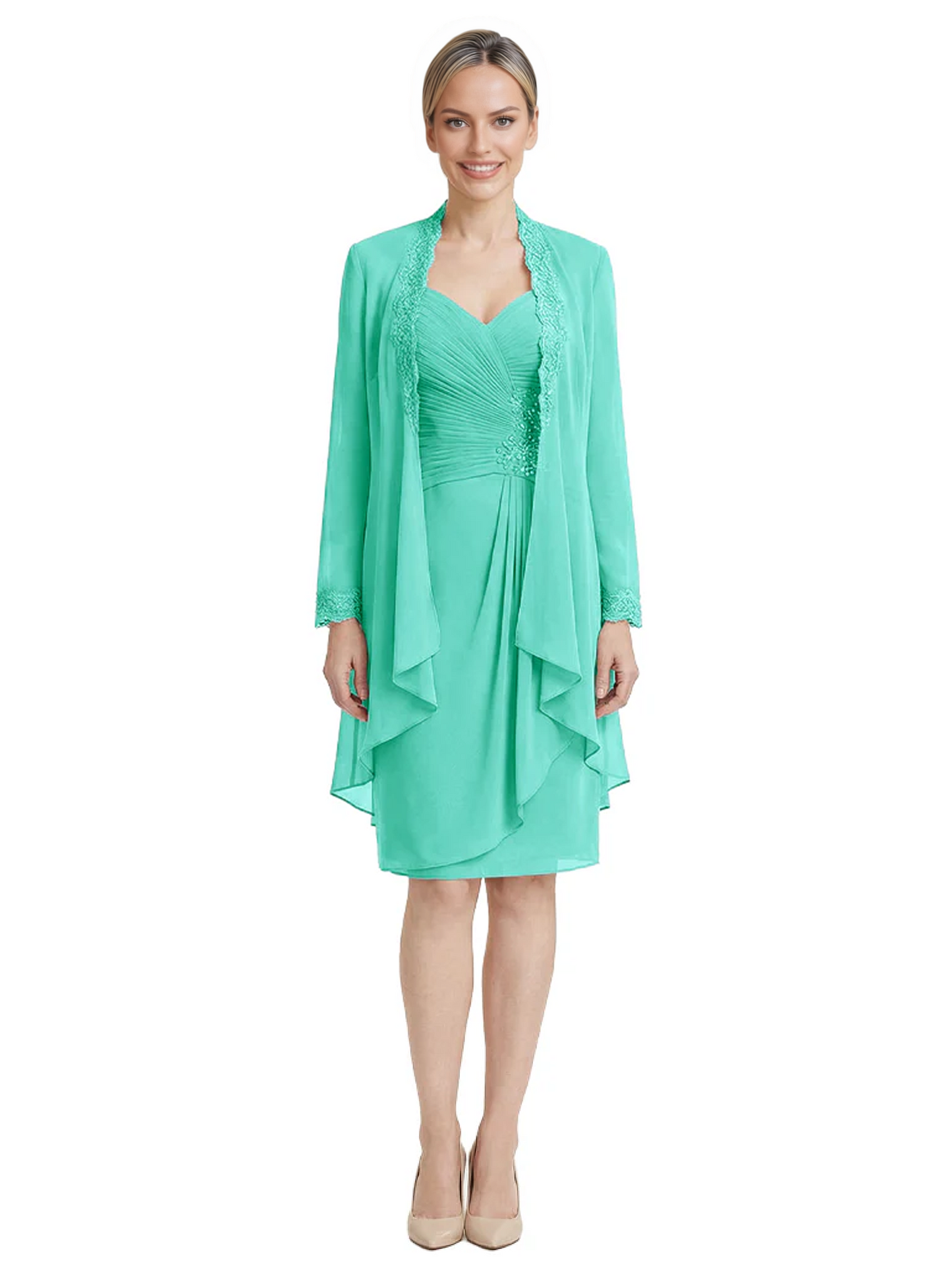 2PCS Knee Length Chiffon Mother of the Brides Dresses Short V-Neck