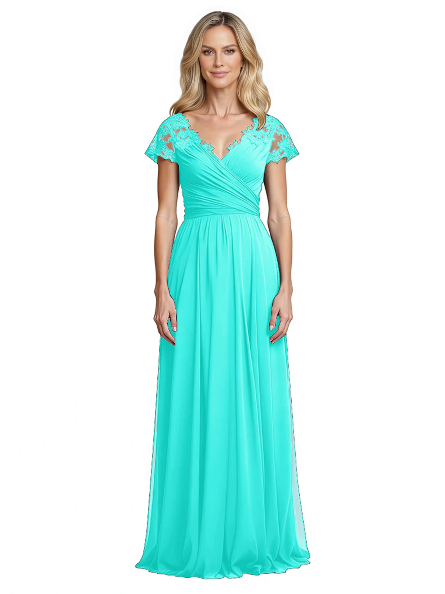 Mother of the Bride Dress Cap Sleeves and V-Neckline with Embroidered Lace Shoulders