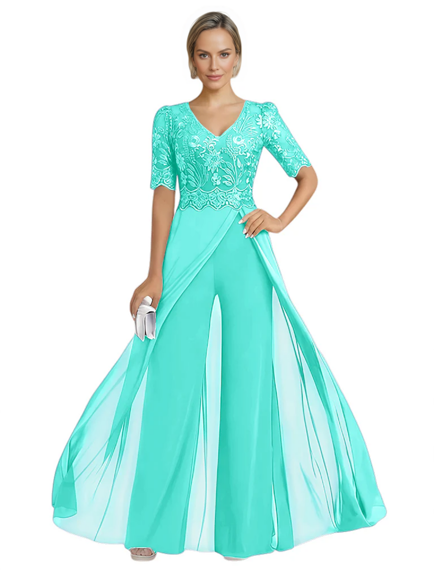 V-Neck Chiffon Mother of the Brides Jumpsuits Dresses Floor Length A-Line Lace