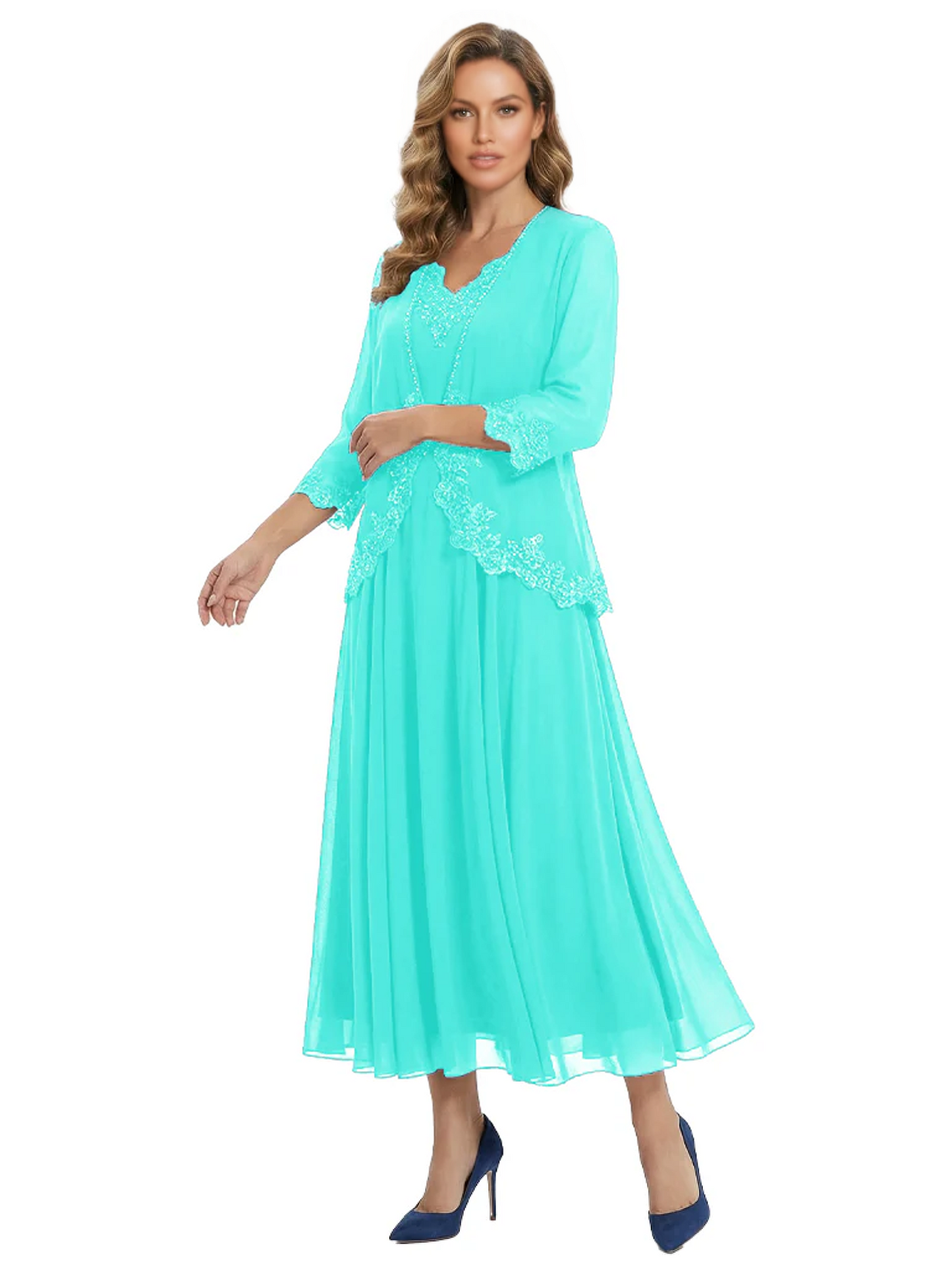 3/4 Sleeve Chiffon Mother of the Brides Dresses V-Neck Wedding Party Gowns