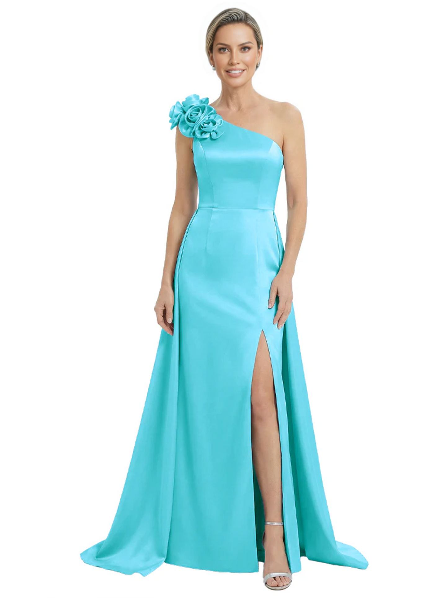 One Shoulder Mother of the Bride Dress with 3D Floral Detail Formal Dress A-Line Gowns with Slit