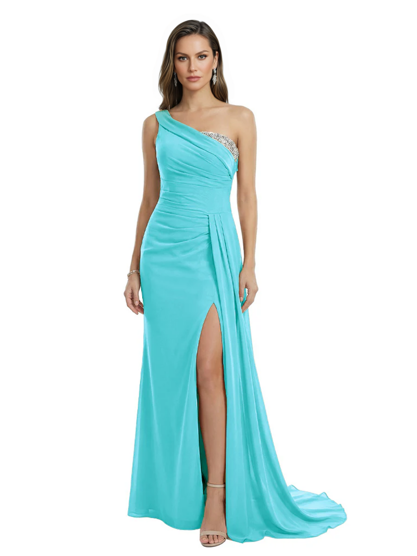 One Shoulder Mother of Bride Dress Ruffle Formal Gowns Mermaid Floor Length Train Slit