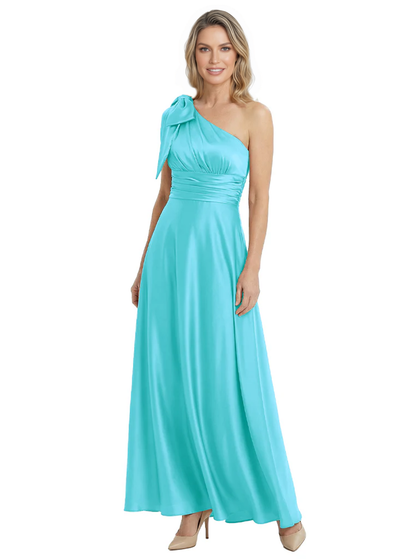 One-Shoulder Mother of the Bride Dress Satin Gown with Bow Ruched Empire Waist