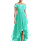 Formal High-Low Mother of the Bride Gown Short Sleeve Lace Maxi Dress with Tiered Skirt
