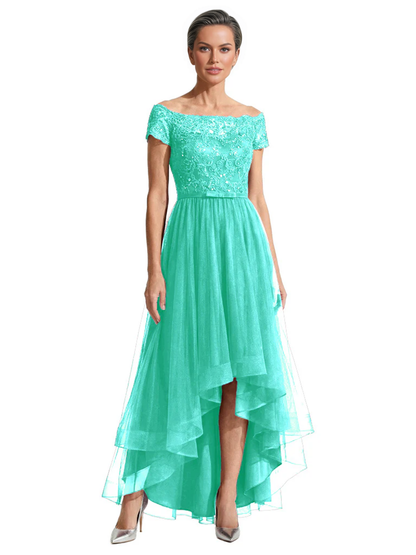 Formal High-Low Mother of the Bride Gown Short Sleeve Lace Maxi Dress with Tiered Skirt