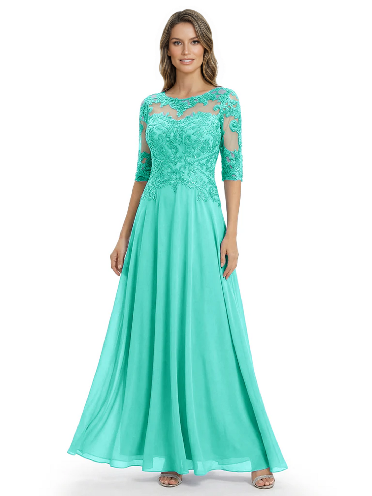 Illusion Neck Mother of the Bride Dress Half Sleeve Lace Applique Gowns Chiffon