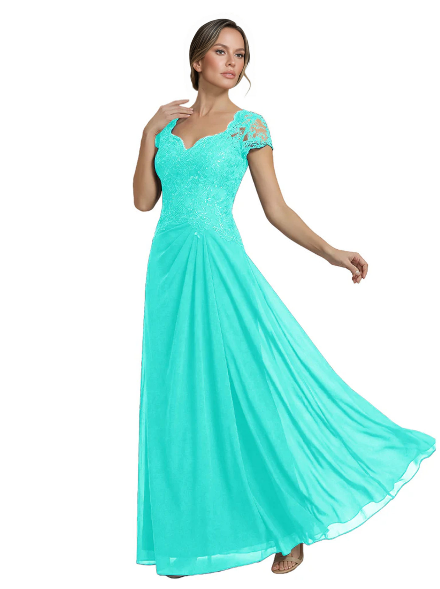 Long A-line Chiffon Short Sleeves Mother of the Brides Dresses Lace Wedding