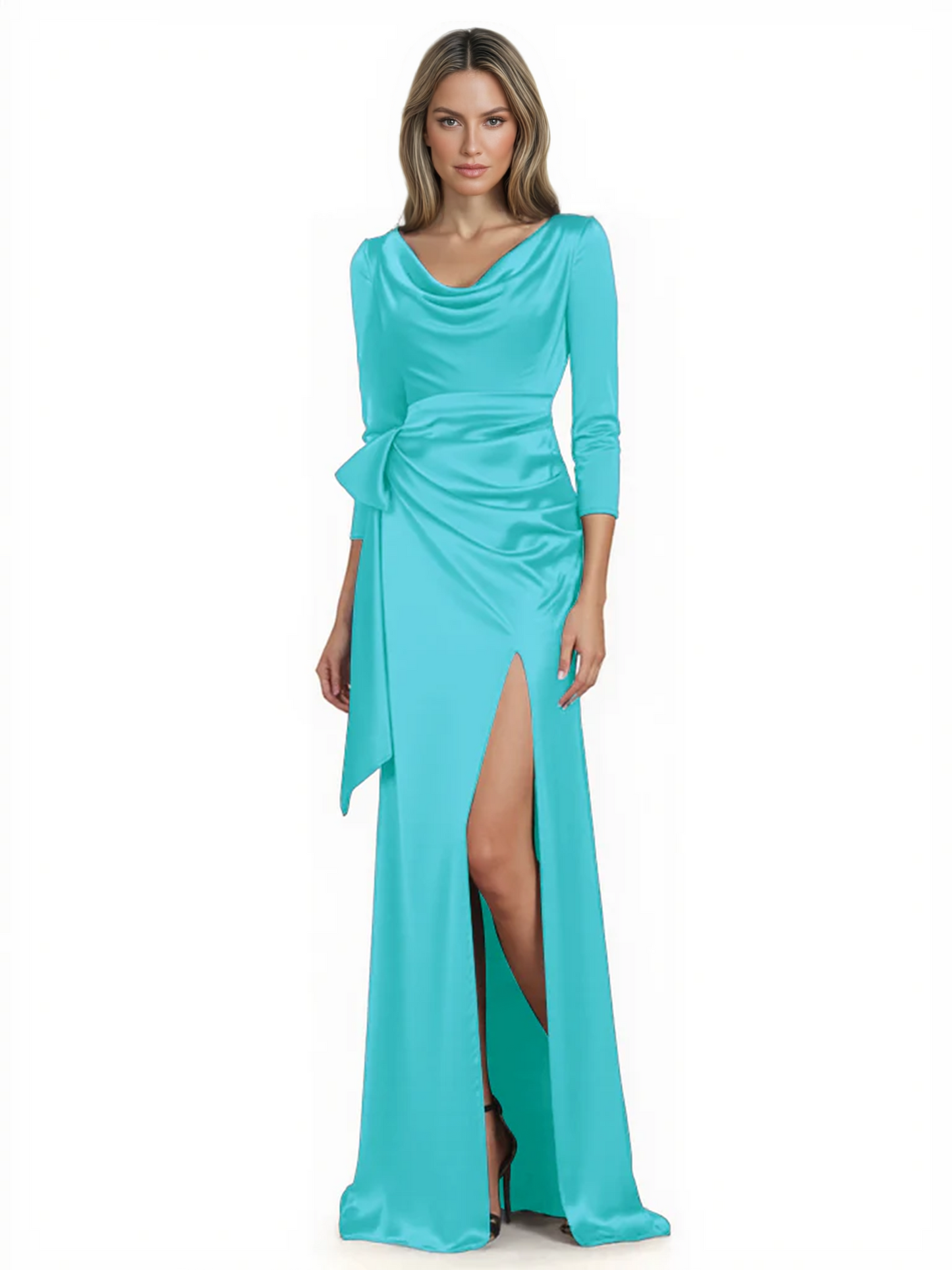 Elegant Evening Gowns Slit Trending Styles Satin Slit Formal Dress Cowl Neckline Gown Tie