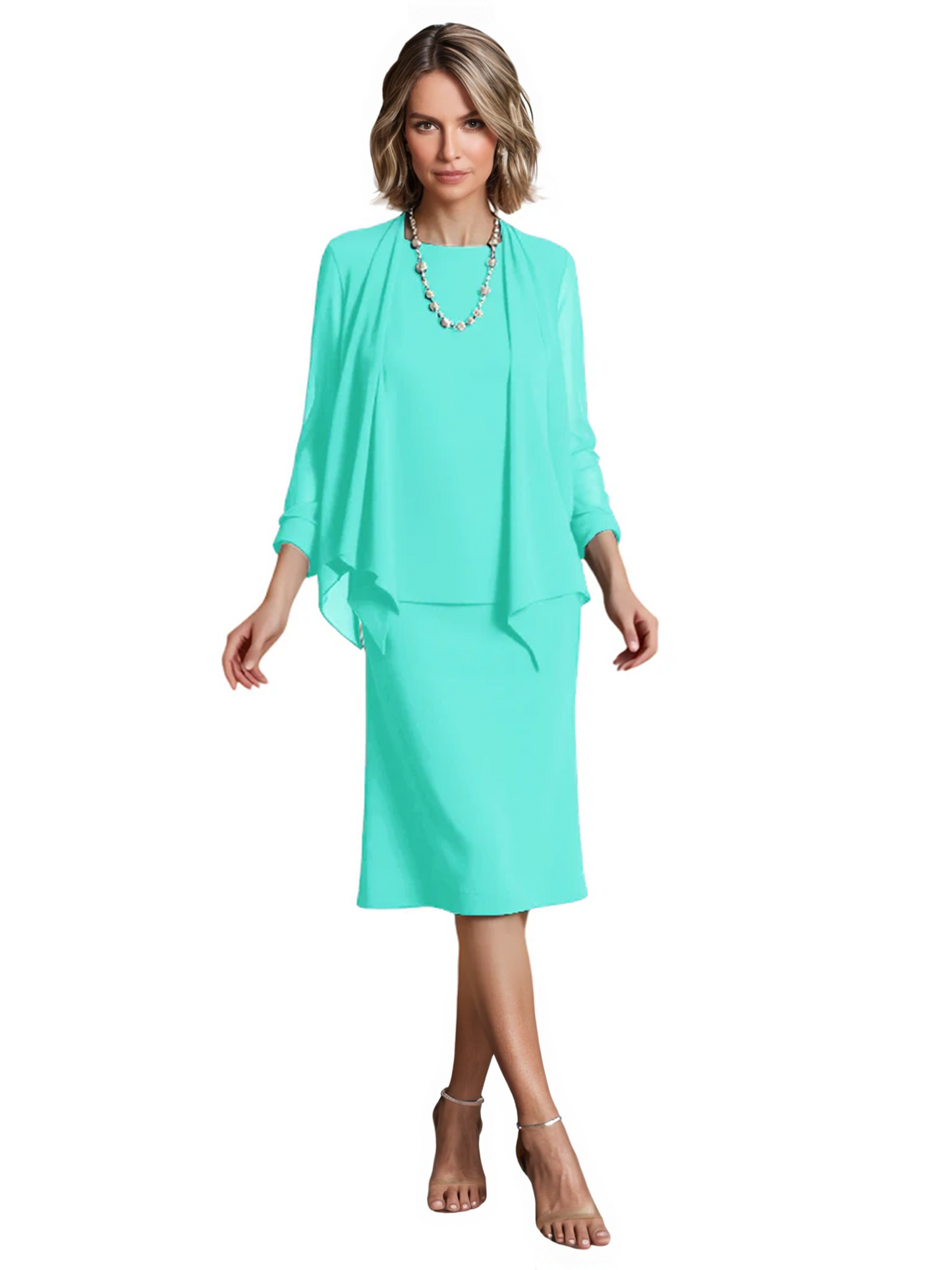 3 PCS Knee-Length Mother of Bride Dresses Prom Dress Evening Dress with Sheer Sleeves and Jacket