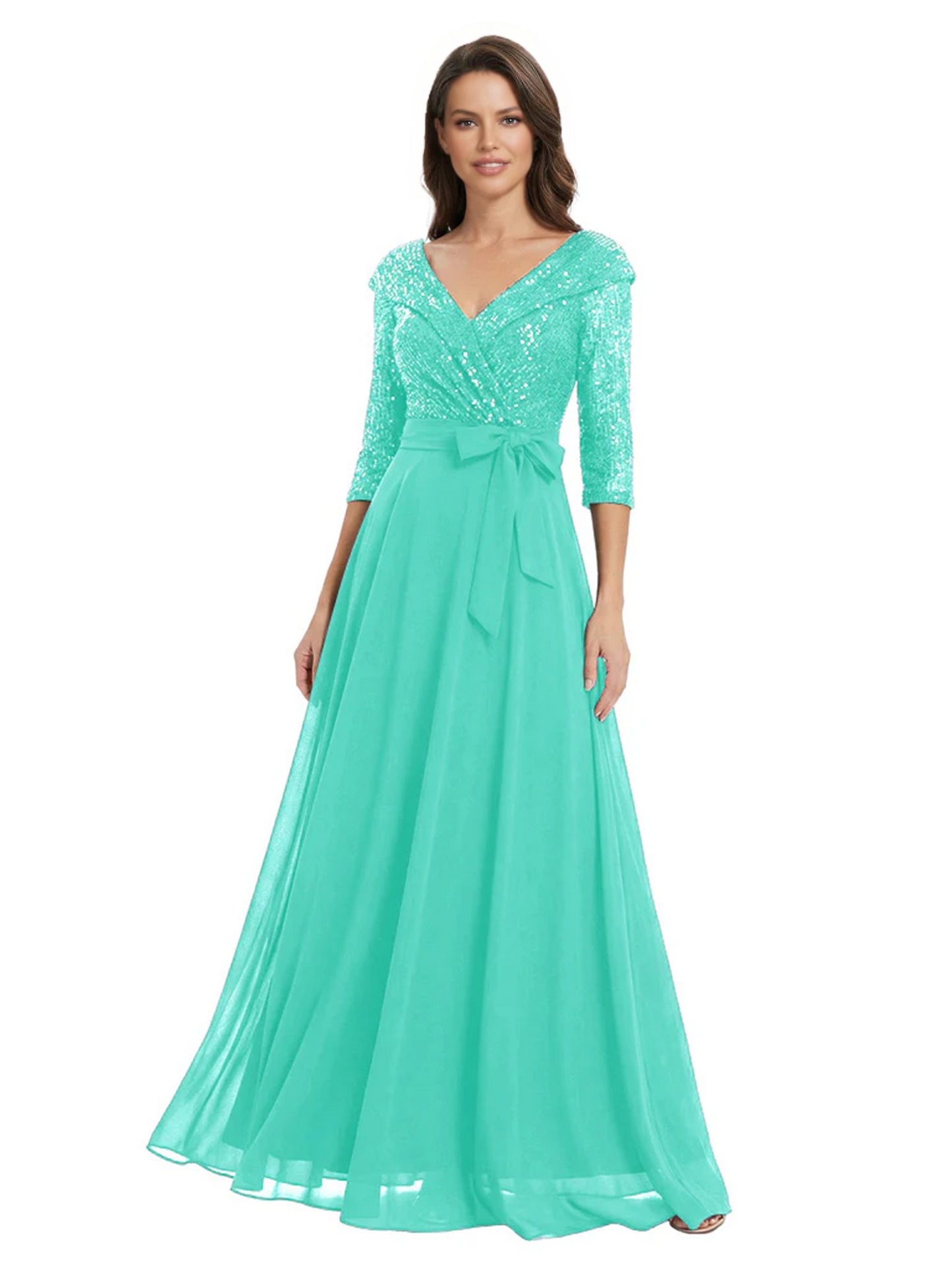 Chiffon Mother of the Bride Dress with Sequin V-Neck and Elegant Bow Sash
