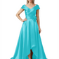 Off Shoulder Mother of the Bride Dress High-Low Satin Gown with Portrait Neckline
