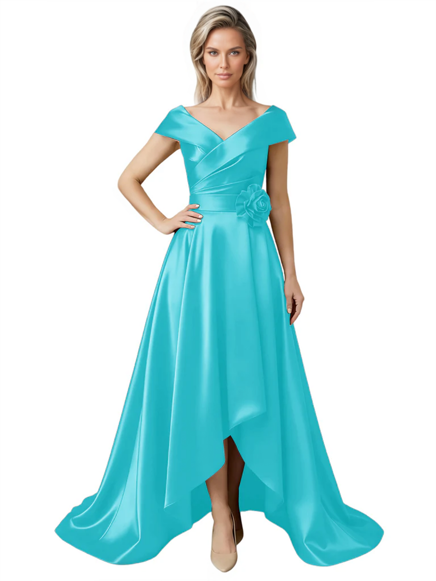Off Shoulder Mother of the Bride Dress High-Low Satin Gown with Portrait Neckline
