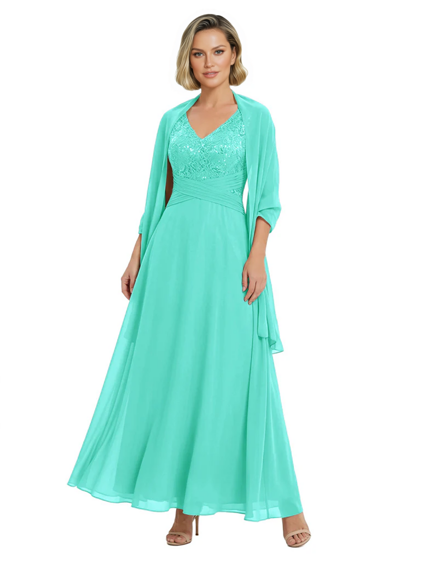 Luxury Formal Mother of Bride Dress Sparkling Sequin Top & Flowy Chiffon Skirt with Shawl