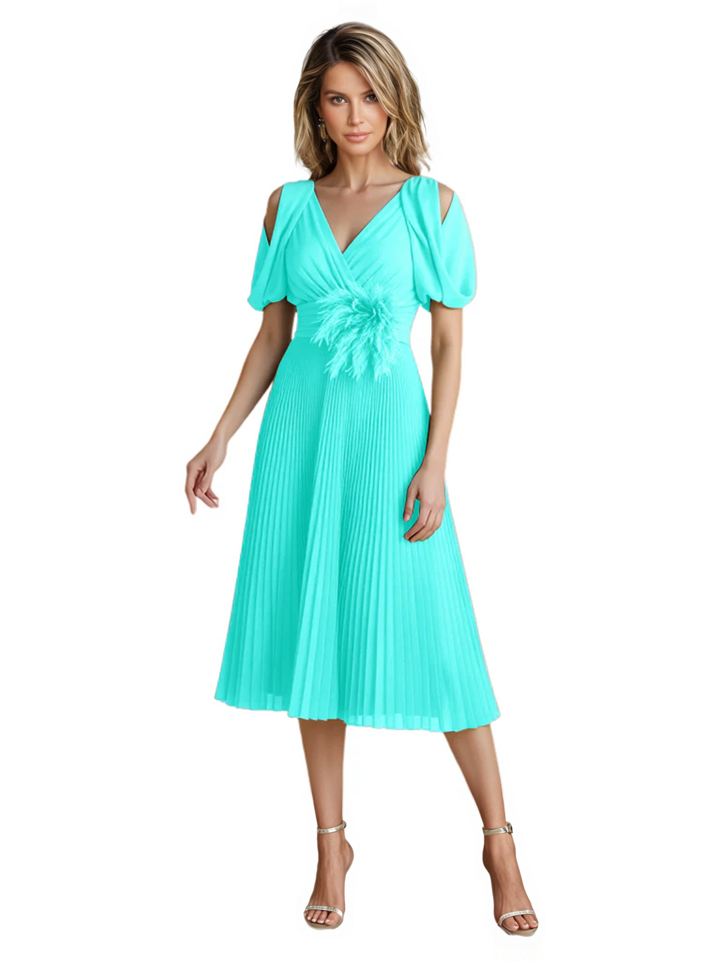 Wedding Formal Dress V-Neck Pleated Chiffon Gown with 3D Flower Accent Knee Length