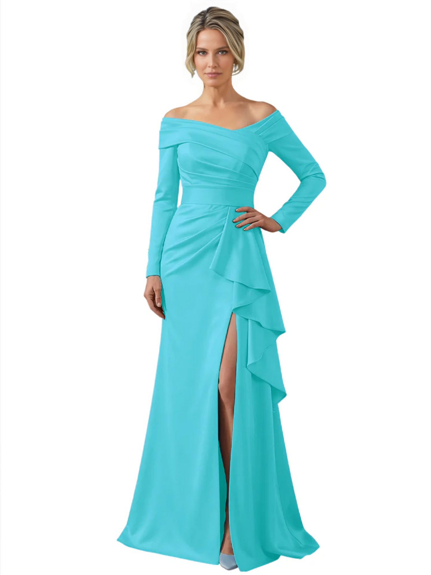 Elegant Mother of the Groom Dress Cascading Ruffle Satin Gown with High Slit Long Sleeves