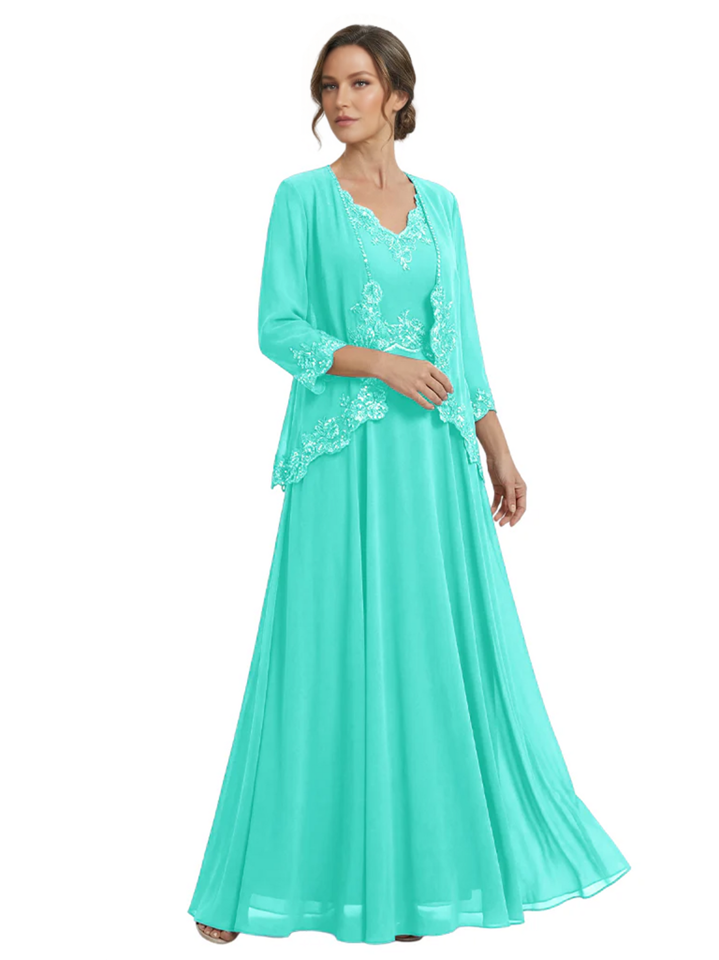Plus Size A-line Chiffon 3/4 Sleeves Mother of the Brides Dresses Long Jacket Dress