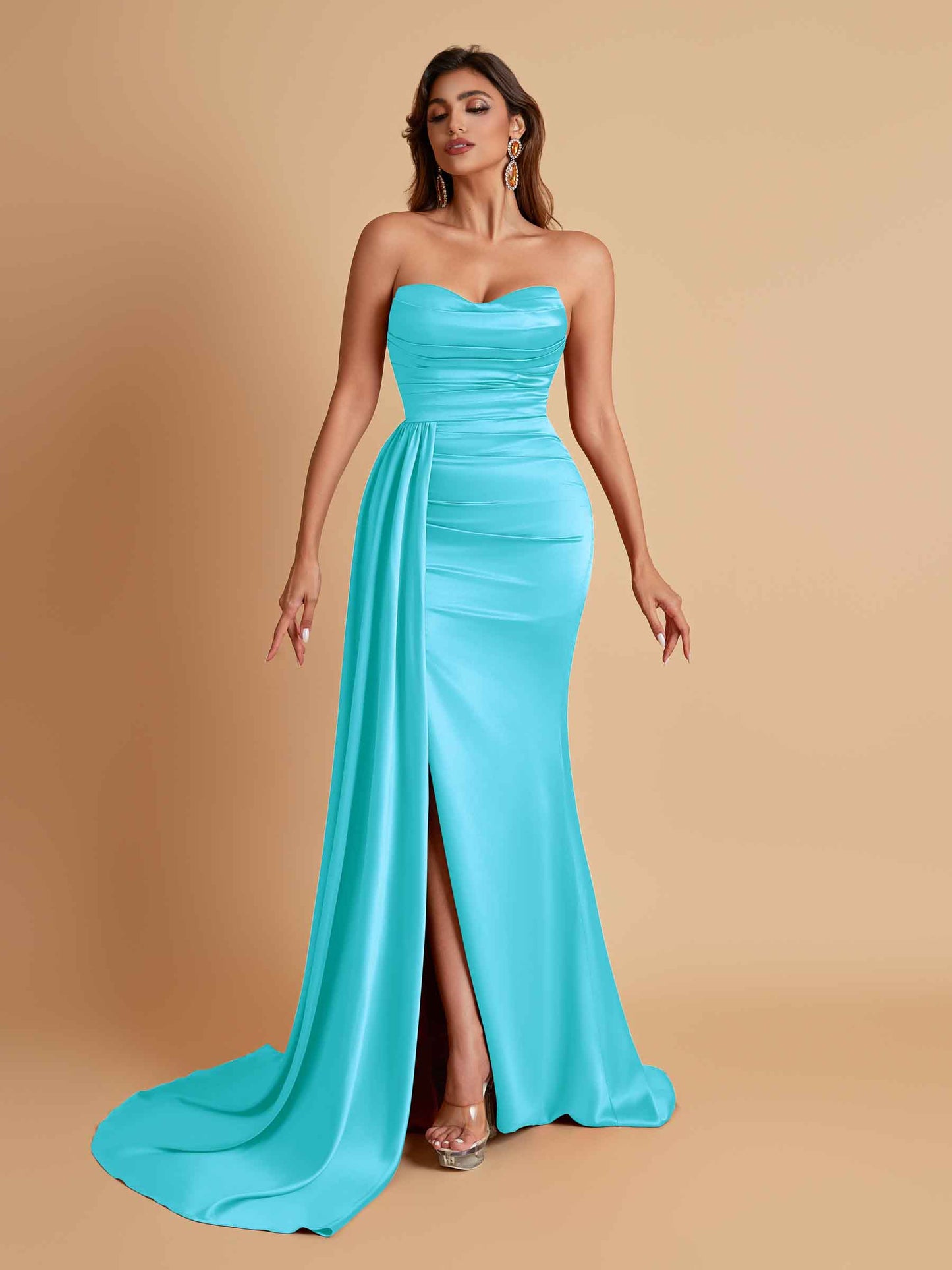 Elegant Soft Satin Sweetheart Strapless Side-Slit Mermaid Bridesmaid Dresses