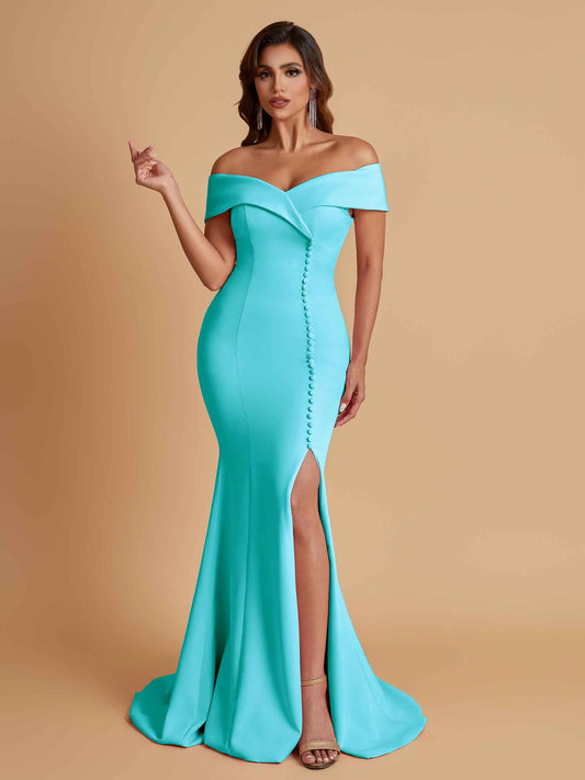 Elegant Soft Satin Mermaid Off Shoulder Side Slit Floor-Length Bridesmaid Dresses